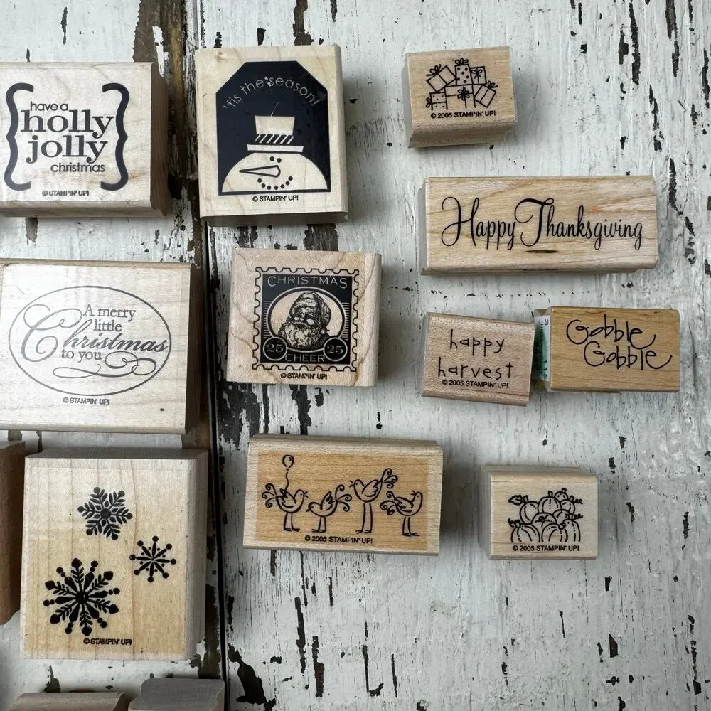 Wooden Rubber Stamps Bundle Lot of 23 Holiday and Birthday Seasonal Stamping